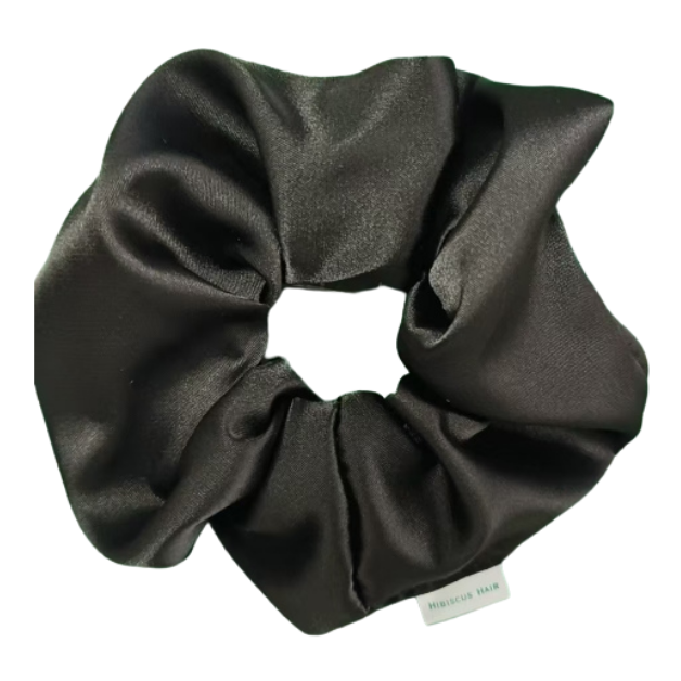 Hibiscus Hair Satin Scrunchie - Midnight Black